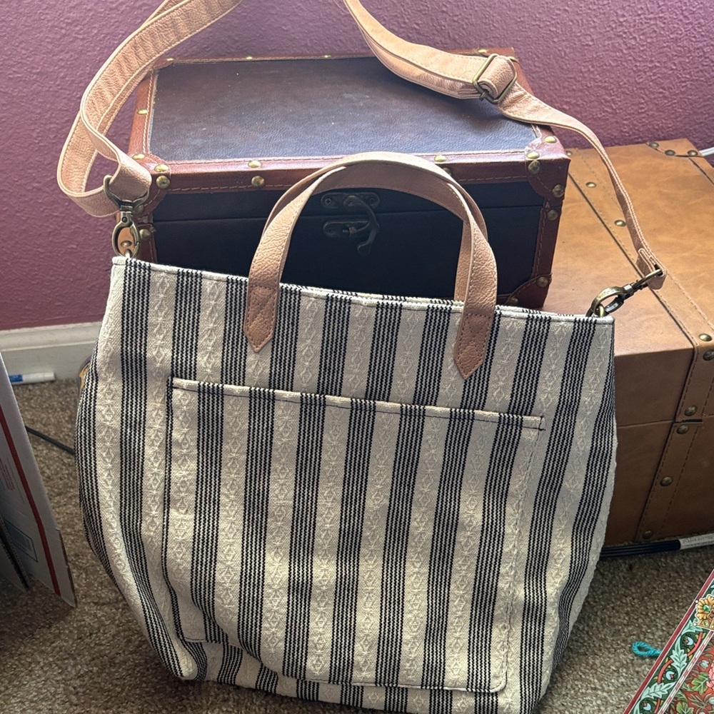 Thirty-One Black and White Striped Messenger Bag
